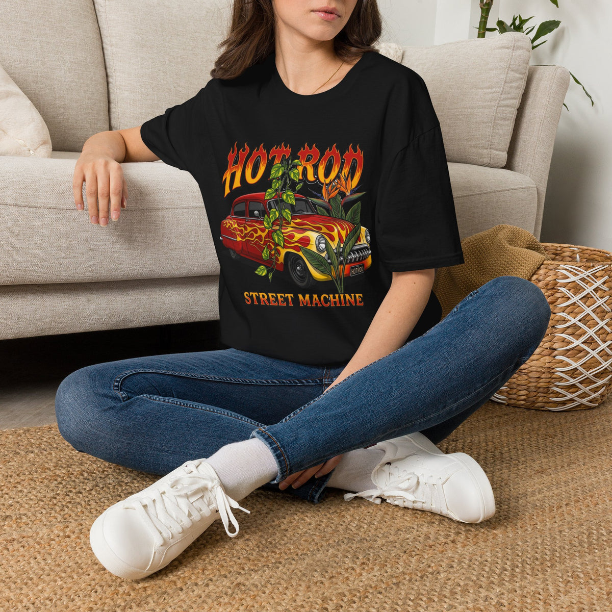 Botanical vintage custom car culture orange car with yellow flames and goldern pothos and bird of paradise
