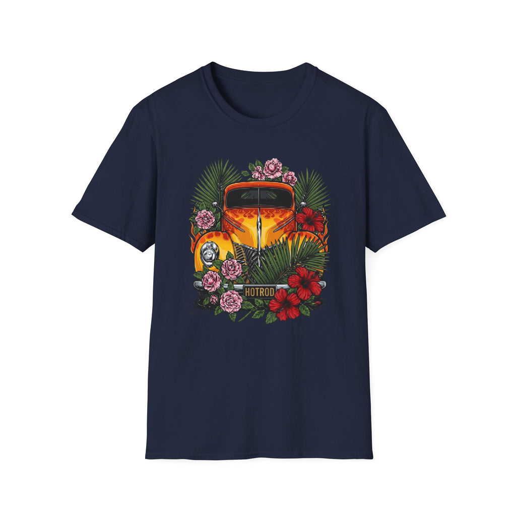botanical custom car culture orange flames vintage car with  dark orange hibiscus, pink camillia and palm leaves