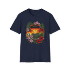 botanical custom car culture orange flames vintage car with  dark orange hibiscus, pink camillia and palm leaves