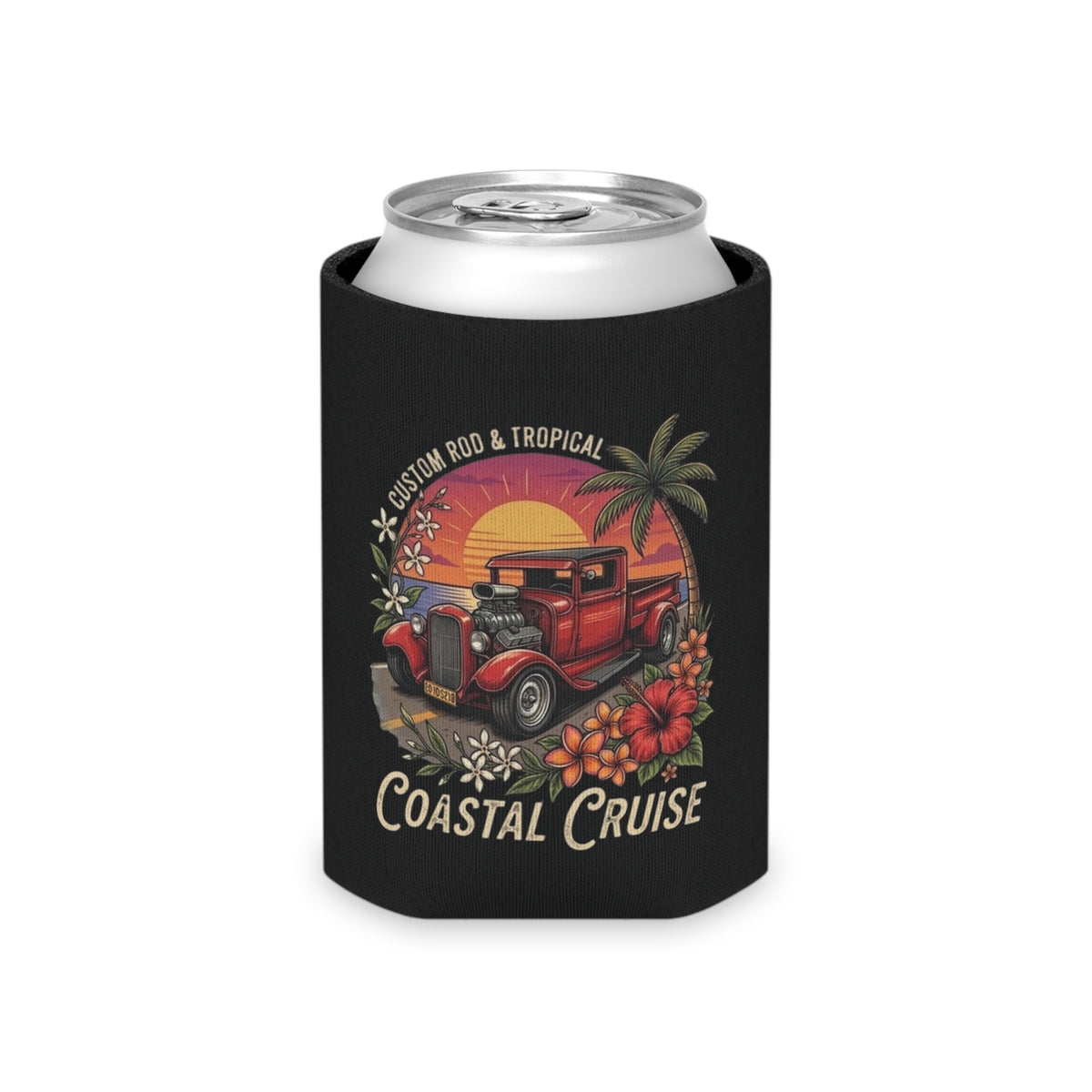 Can Cooler - Coastal Cruise Vintage Car Sunset Design