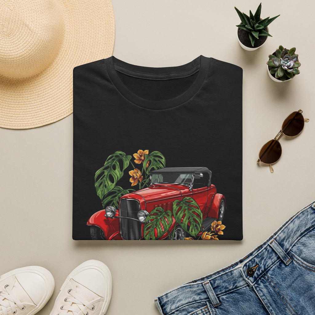 Vintage Red Car Tee — Retro Convertible with Tropical Leaves Graphic