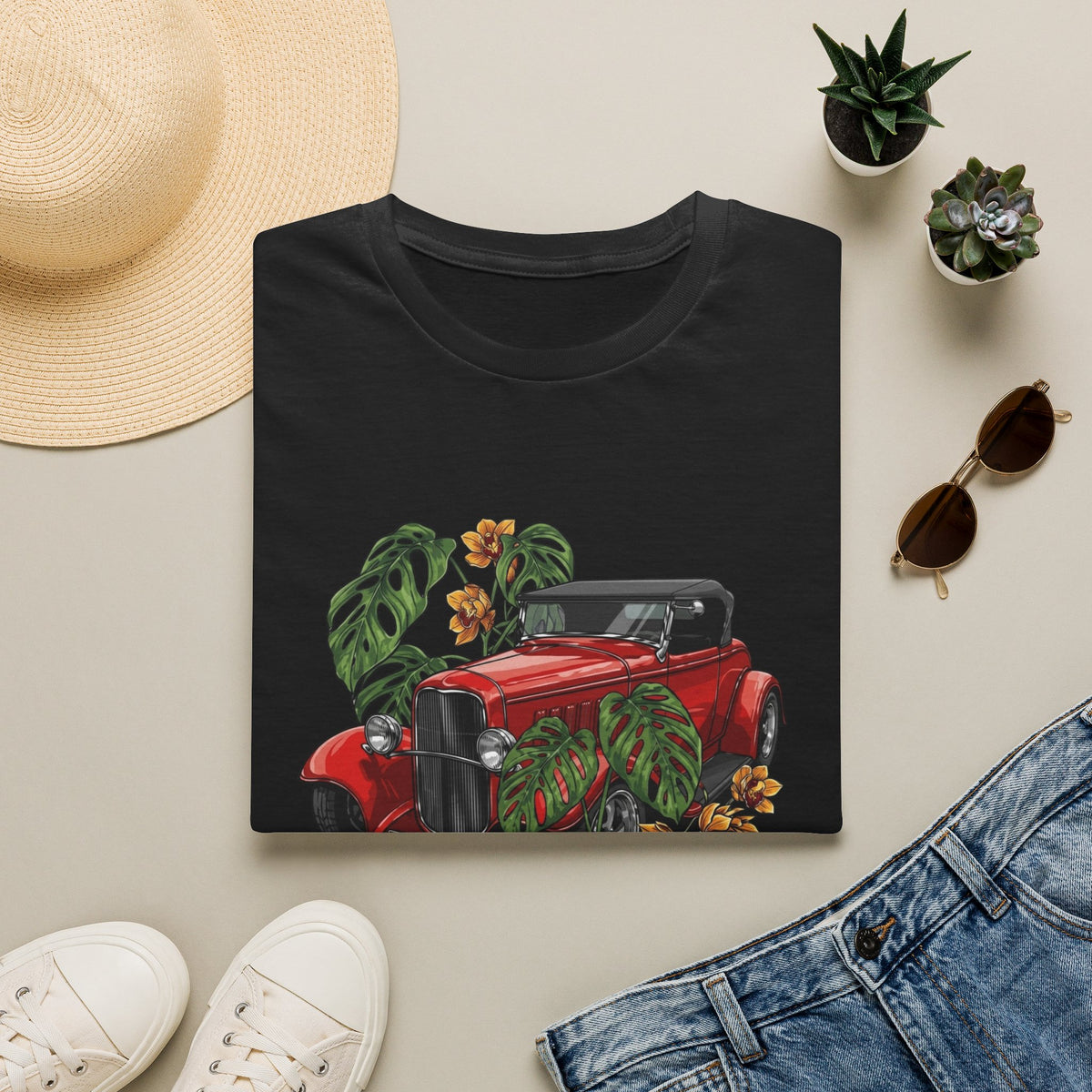 Vintage Red Car Tee — Retro Convertible with Tropical Leaves Graphic