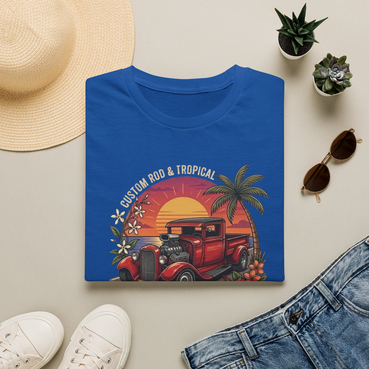 Coastal Cruise Vintage Car T‑Shirt — Retro Sunset Tropical Road Trip Tee
