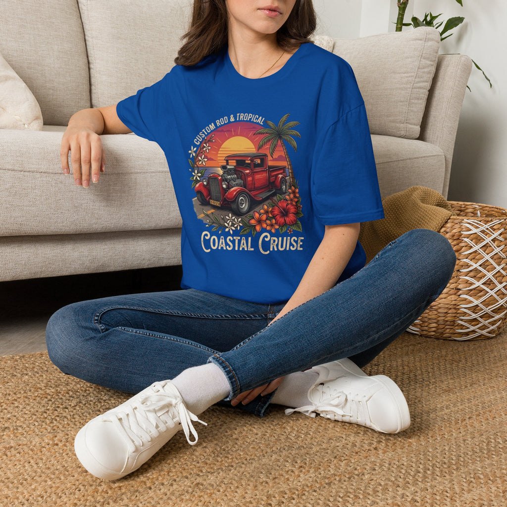 Coastal Cruise Vintage Car T‑Shirt — Retro Sunset Tropical Road Trip Tee