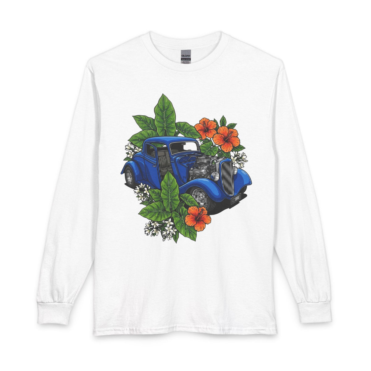 Vintage Blue Car Floral Long Sleeve Tee