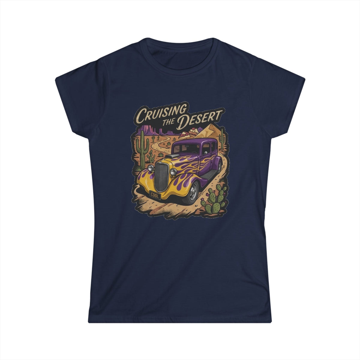 Crusing the desert with purple and gold flamed coupe desert scene and cactus botanical Blue Flames design Studio