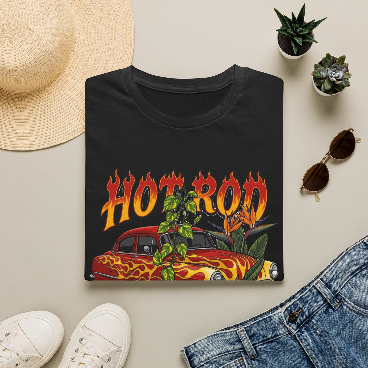 Botanical vintage custom car culture orange car with yellow flames and goldern pothos and bird of paradise