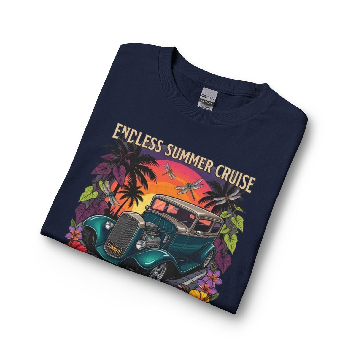 Hot Rod Haven Long Sleeve Tee — “Endless Summer Cruise” Vintage Car Beach Shirt with botanicals
