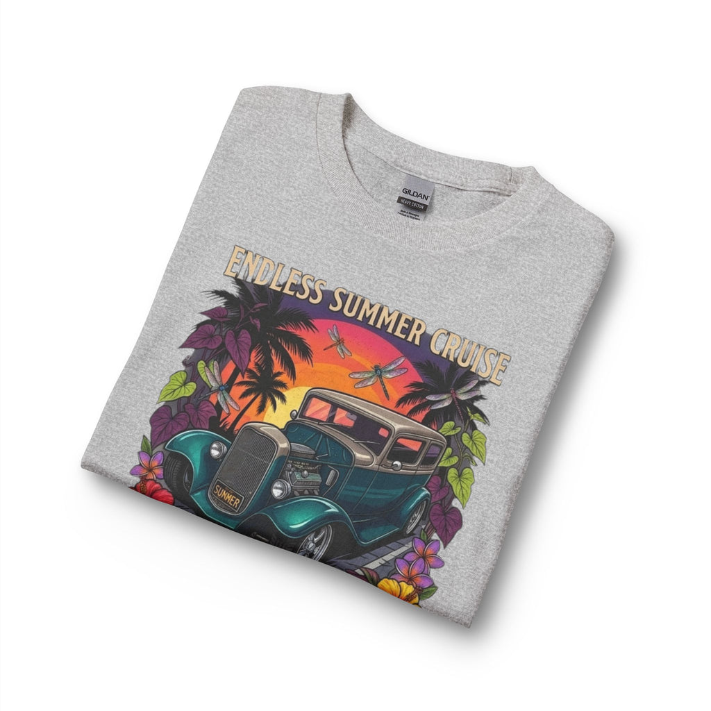 Hot Rod Haven Long Sleeve Tee — “Endless Summer Cruise” Vintage Car Beach Shirt with botanicals