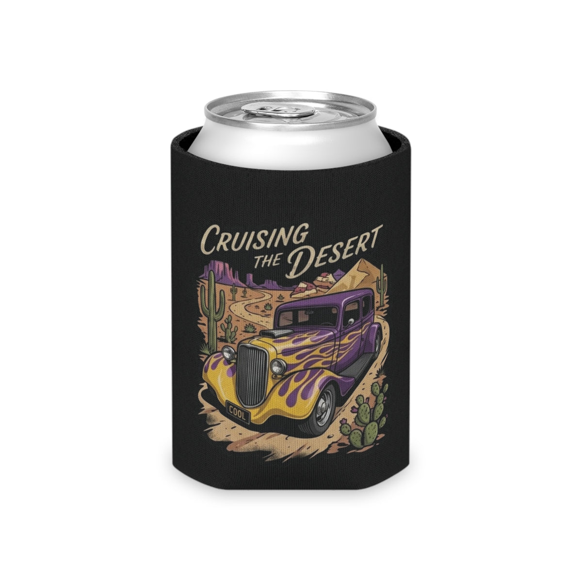 Cruising the Desert Can Cooler with cactus botanicals – Vintage Hot Rod Beverage Koozie