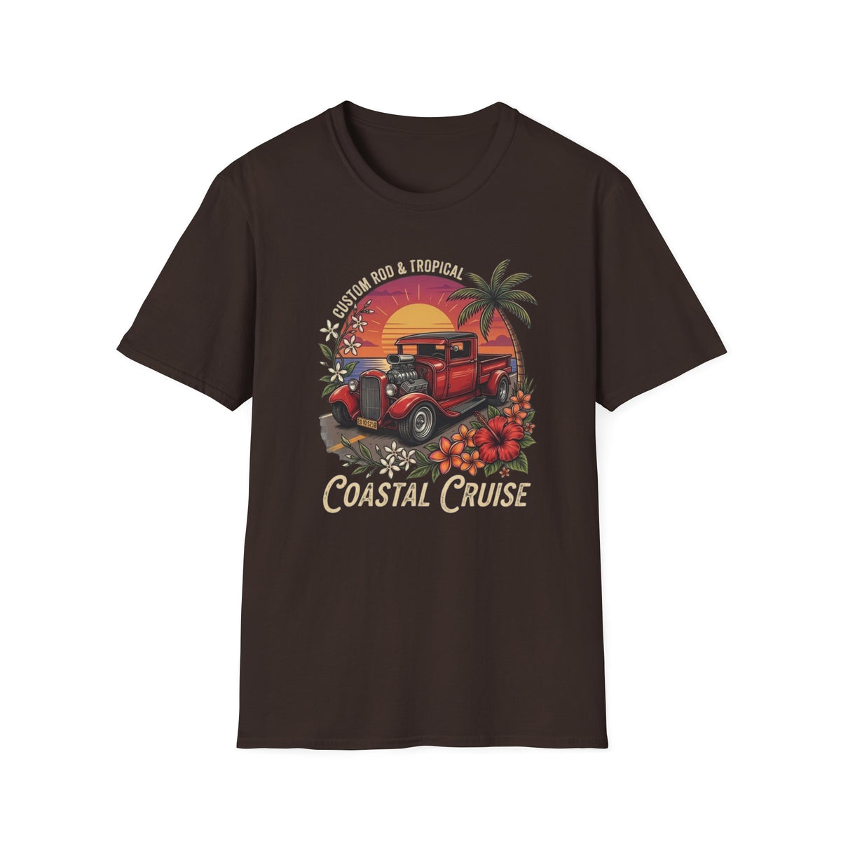Coastal Cruise Vintage Car T‑Shirt — Retro Sunset Tropical Road Trip Tee