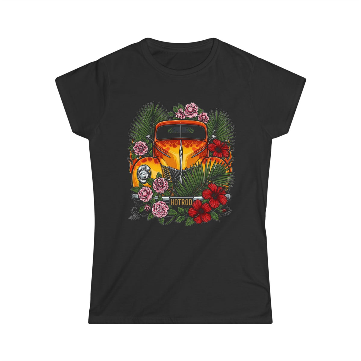 Women's Tee — Classic orange vintage hotrod with flames