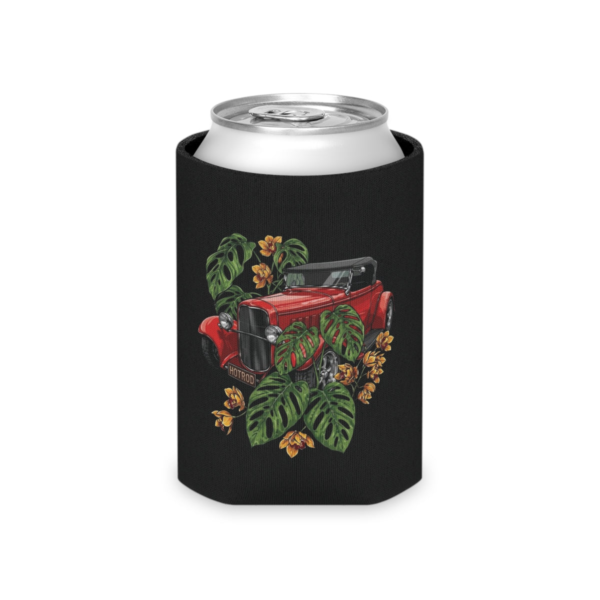 Can Cooler — Vintage Red Roadster with Tropical Leaves Drink Koozie