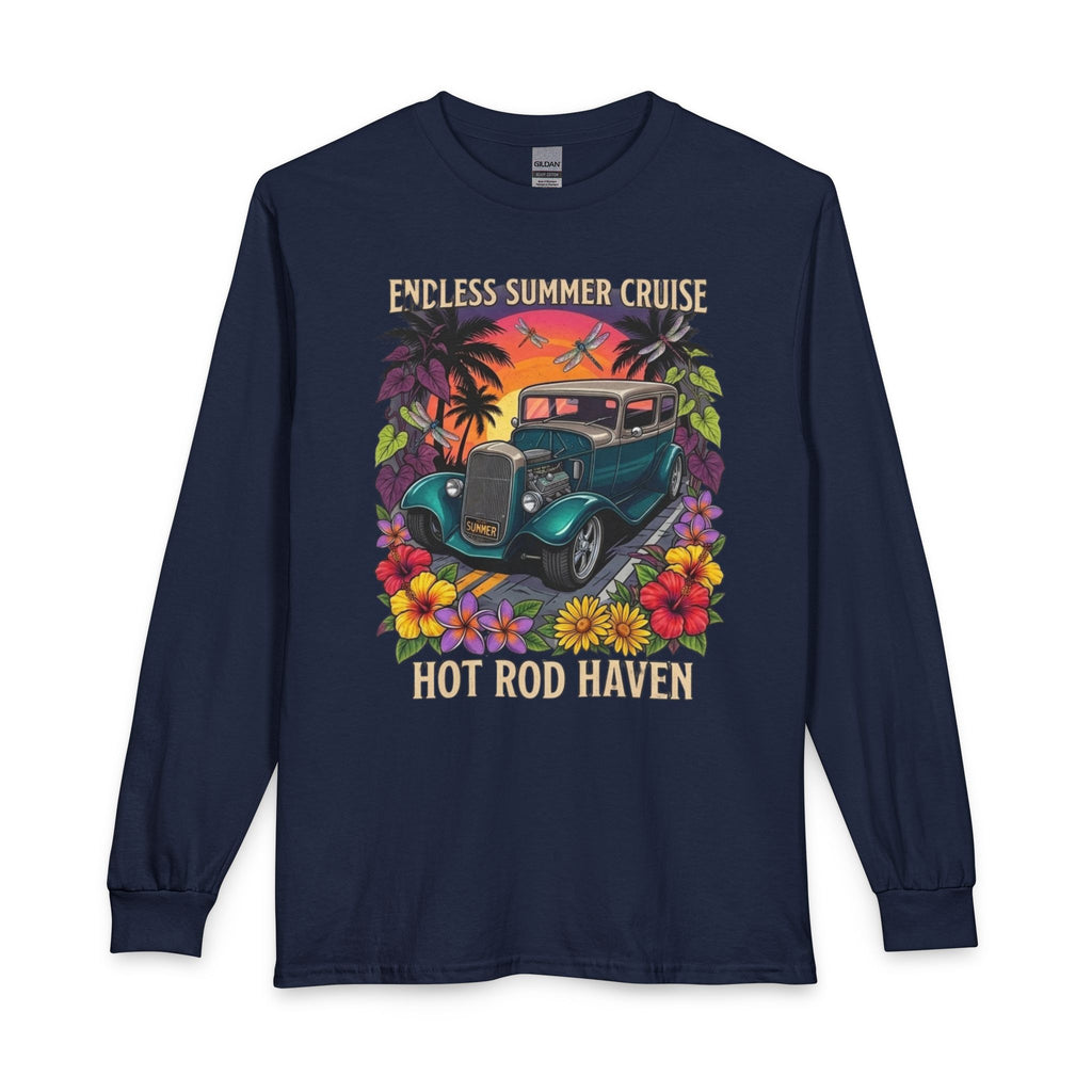 Hot Rod Haven Long Sleeve Tee — “Endless Summer Cruise” Vintage Car Beach Shirt with botanicals