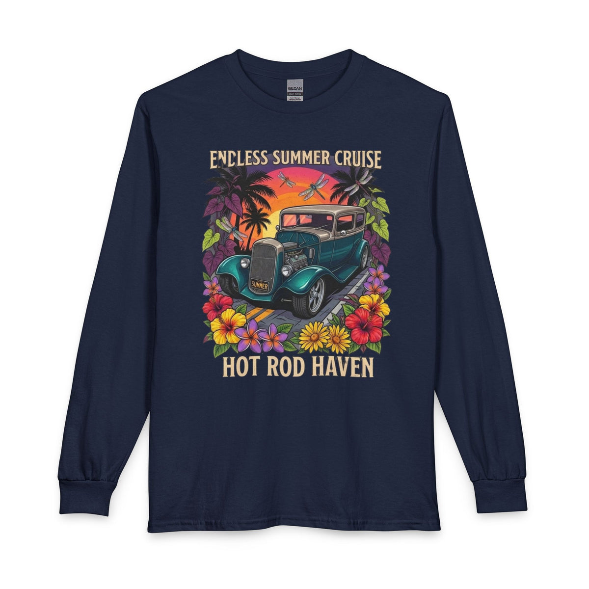 Hot Rod Haven Long Sleeve Tee — “Endless Summer Cruise” Vintage Car Beach Shirt with botanicals