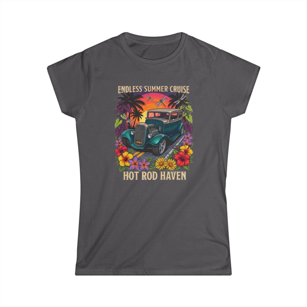 Classic Softstyle Women's T-Shirt 13 Endless summer cruse hot rod haven sunset, drangon flies and tropical botanical