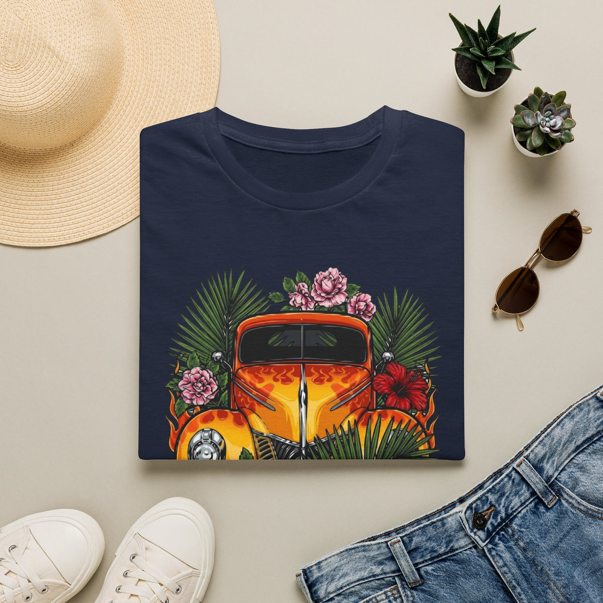 botanical custom car culture orange flames vintage car with  dark orange hibiscus, pink camillia and palm leaves