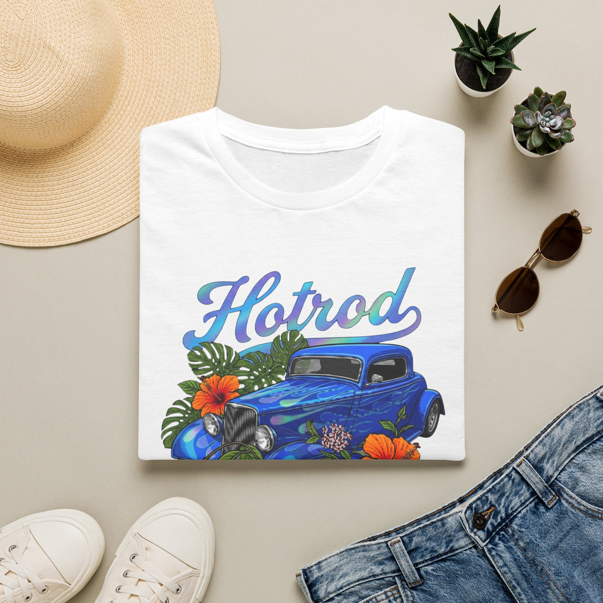 Botanical custom car culture Blue vintage car with flames and Orange hibiscus, monstera monkey mask and hoya vine.