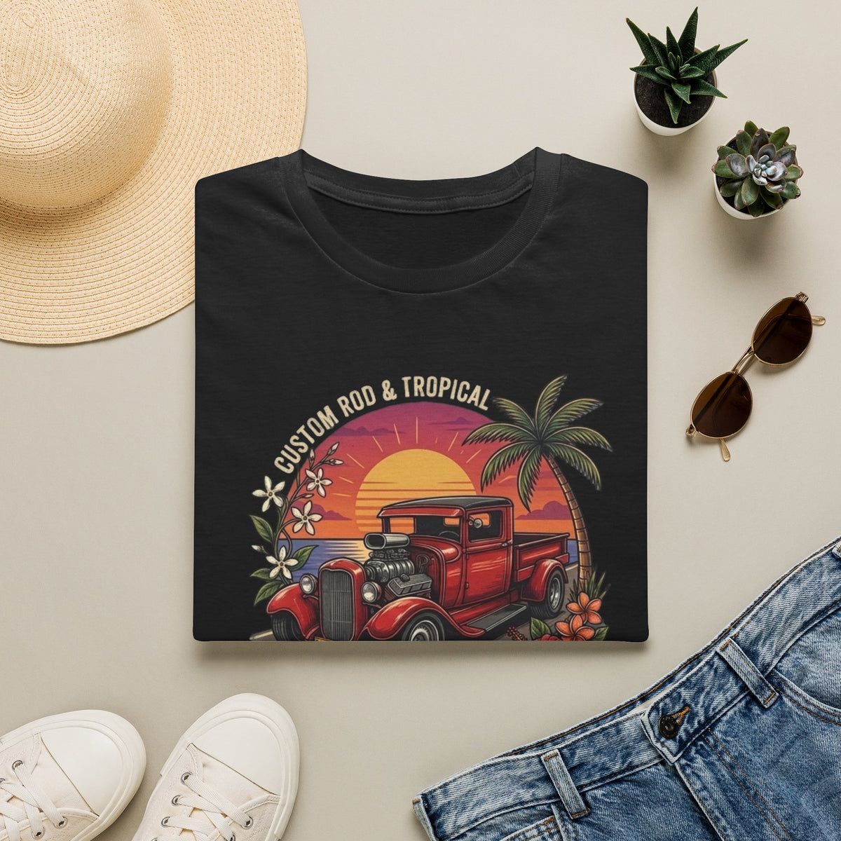 Coastal Cruise Vintage Car T‑Shirt — Retro Sunset Tropical Road Trip Tee