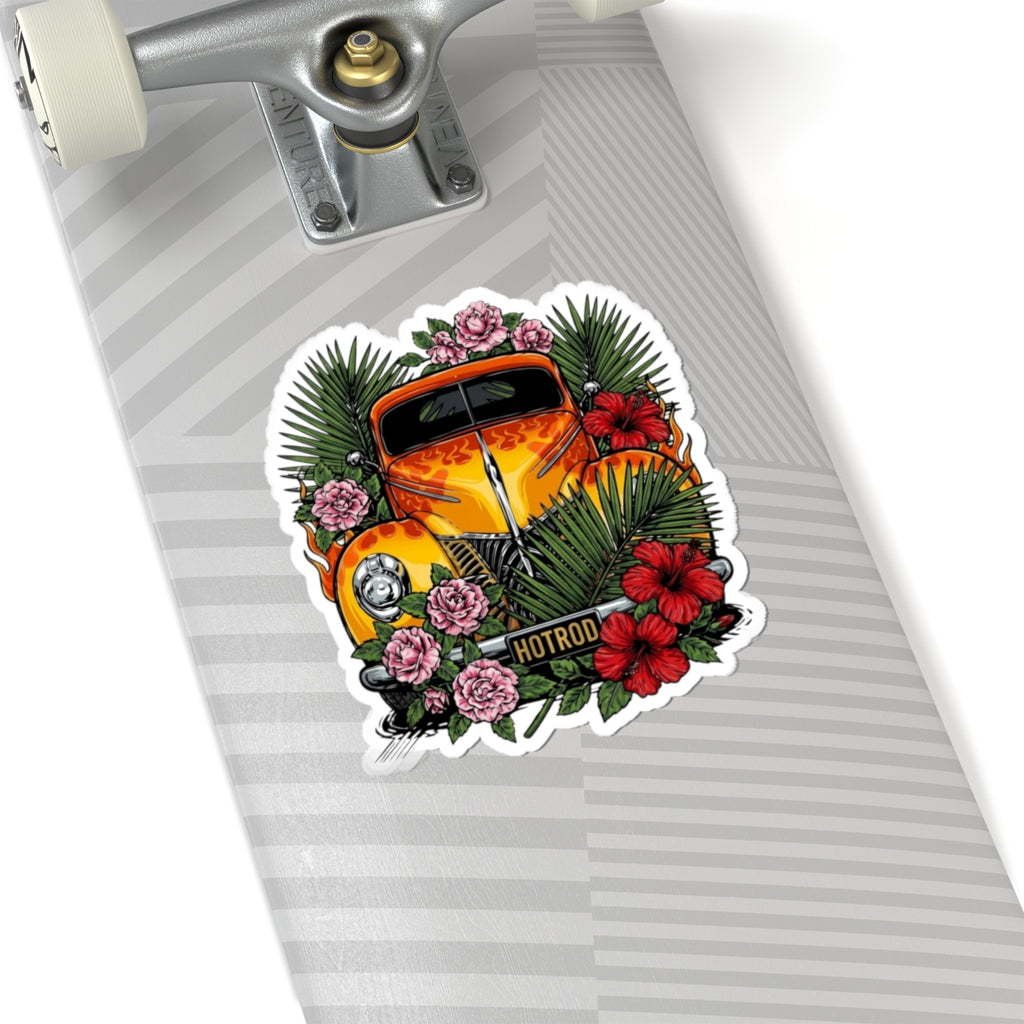 Hot Rod Floral Sticker — Vintage Orange Car with Hibiscus & Palms