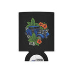 Classic Car Can Cooler — Vintage Blue Hot Rod with Tropical Flowers