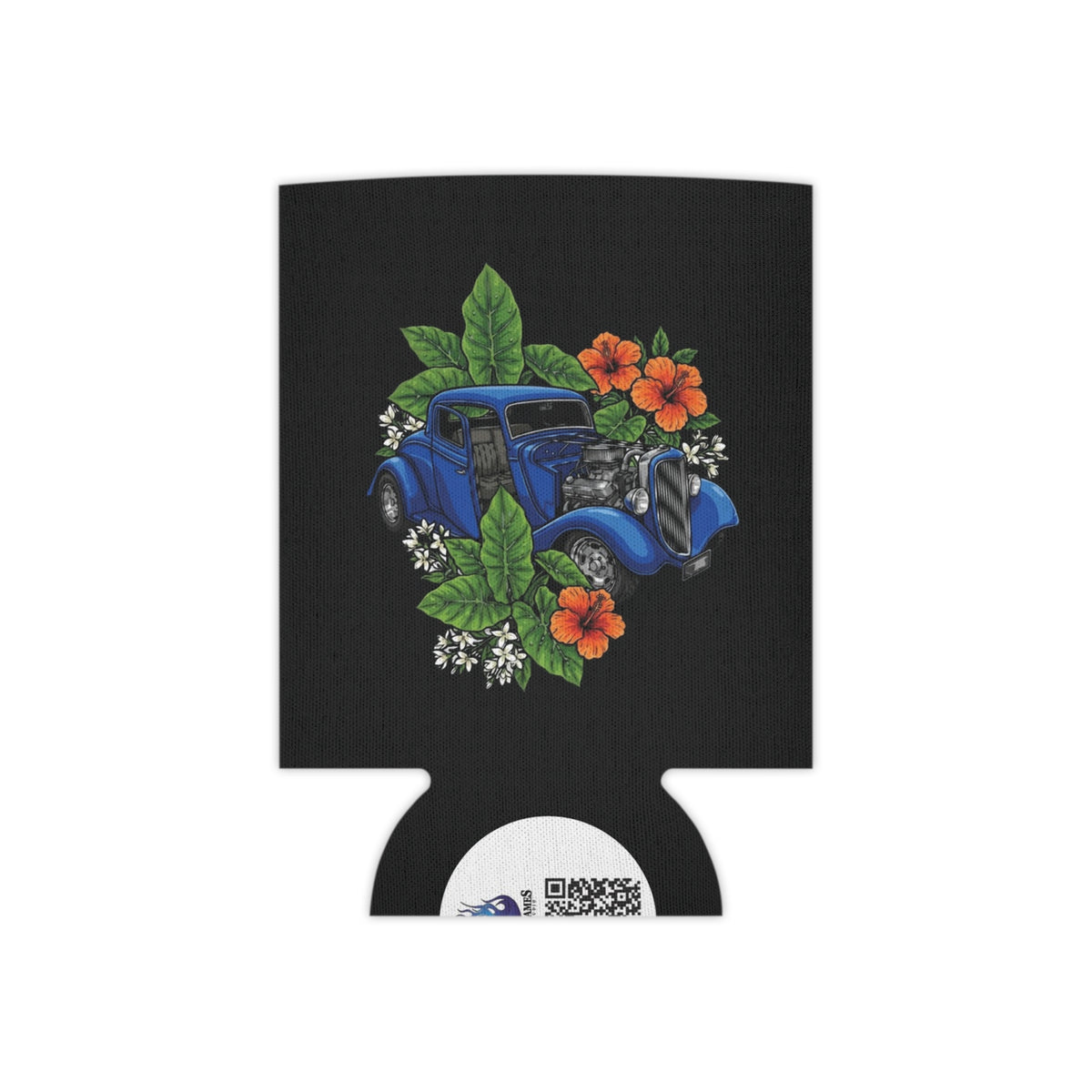 Classic Car Can Cooler — Vintage Blue Hot Rod with Tropical Flowers