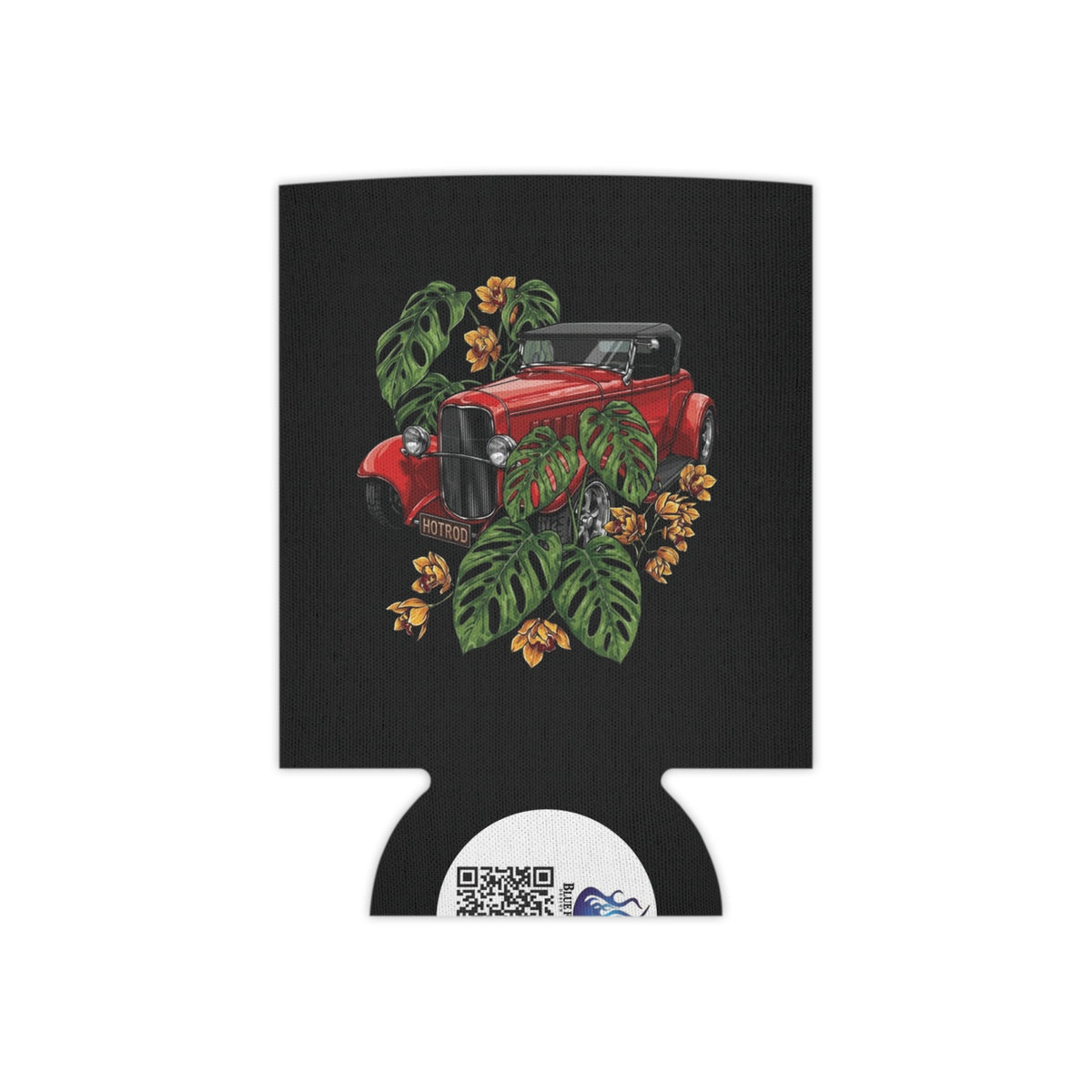 Can Cooler — Vintage Red Roadster with Tropical Leaves Drink Koozie
