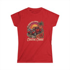 Women's Softstyle Tee Coastal cruise with hot rod ute and setting sun and frangipani hibiscus and palm tree botanical
