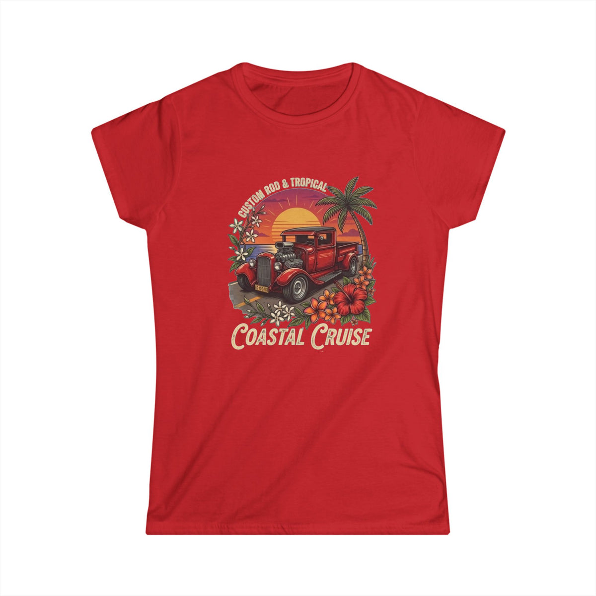 Women's Softstyle Tee Coastal cruise with hot rod ute and setting sun and frangipani hibiscus and palm tree botanical