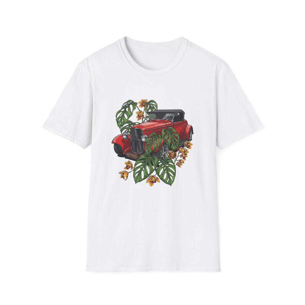Vintage Red Car Tee — Retro Convertible with Tropical Leaves Graphic