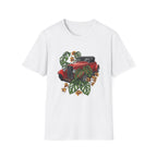 Vintage Red Car Tee — Retro Convertible with Tropical Leaves Graphic