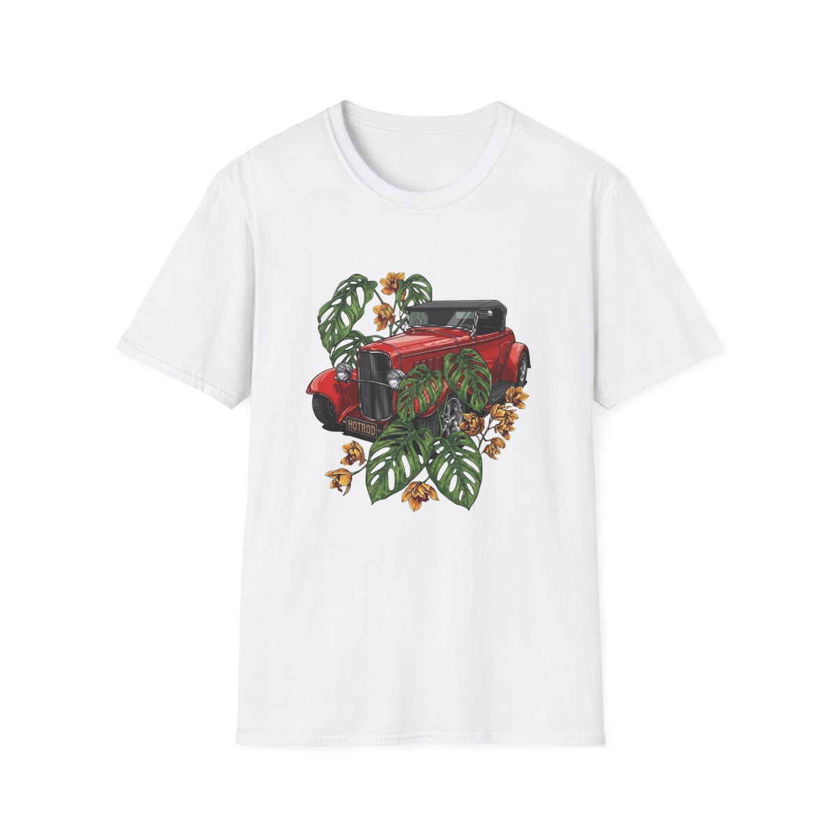 Vintage Red Car Tee — Retro Convertible with Tropical Leaves Graphic
