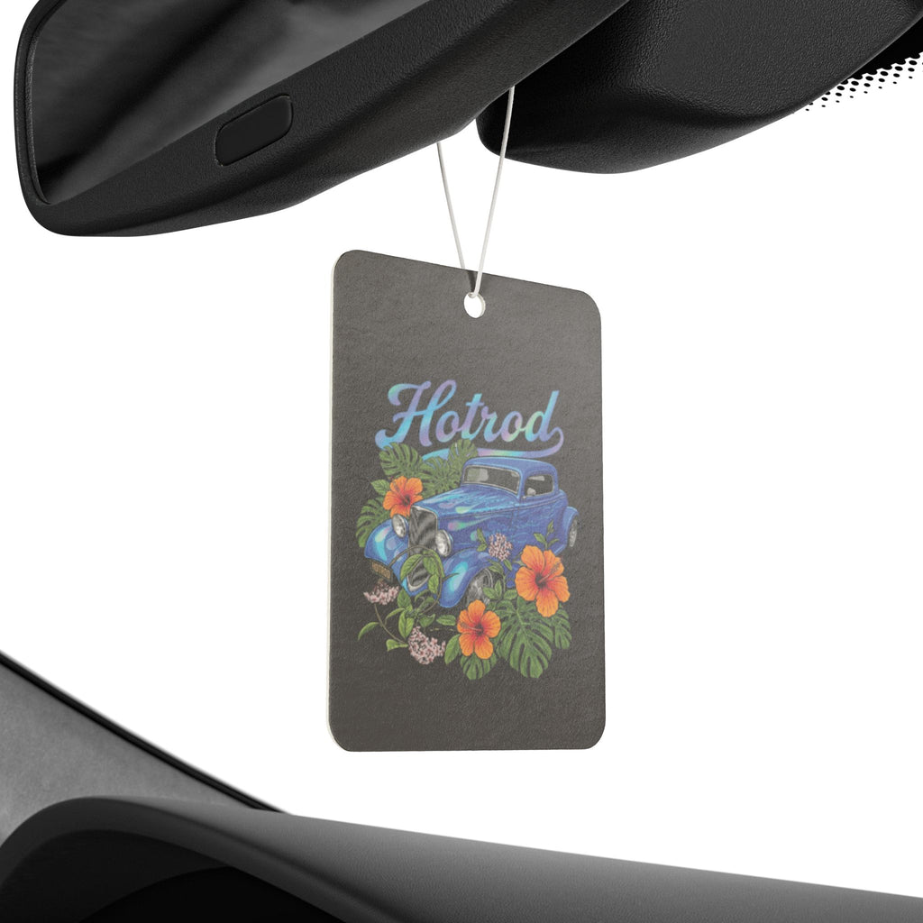 Hotrod Vintage Car Air Freshener — Retro Blue Car with Tropical Flowers
