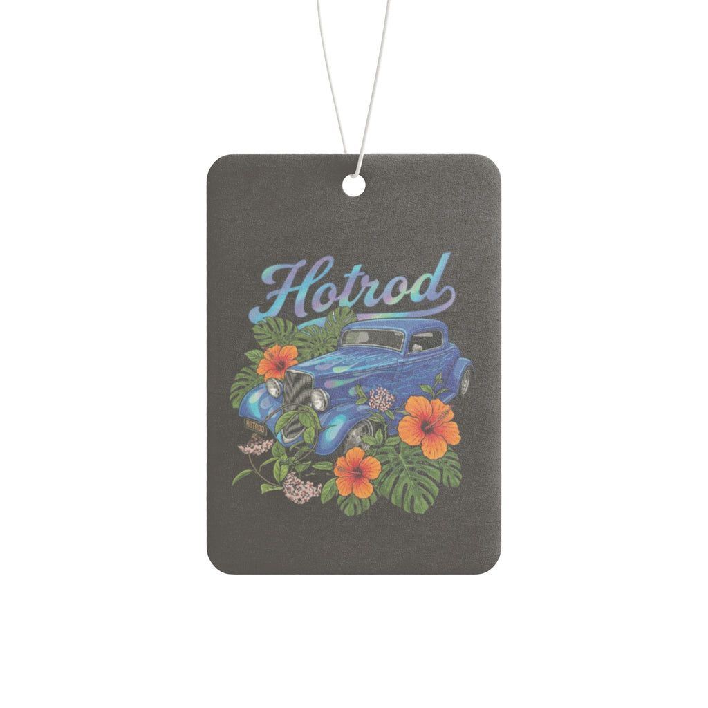 Hotrod Vintage Car Air Freshener — Retro Blue Car with Tropical Flowers