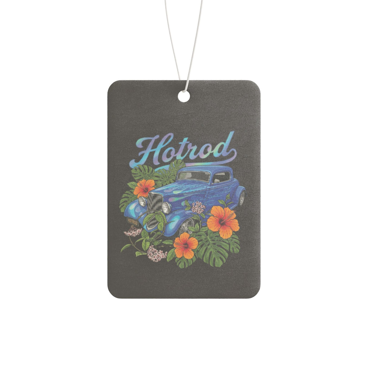 Hotrod Vintage Car Air Freshener — Retro Blue Car with Tropical Flowers