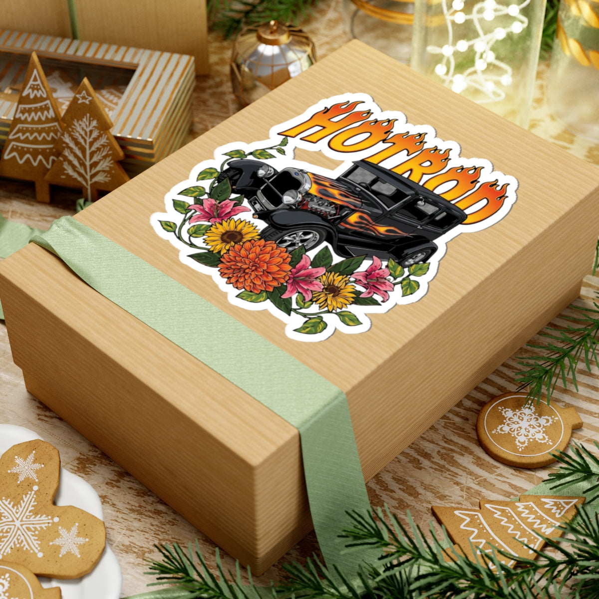 Hotrod Floral Sticker — Vintage Flame Car Kiss-Cut Decal