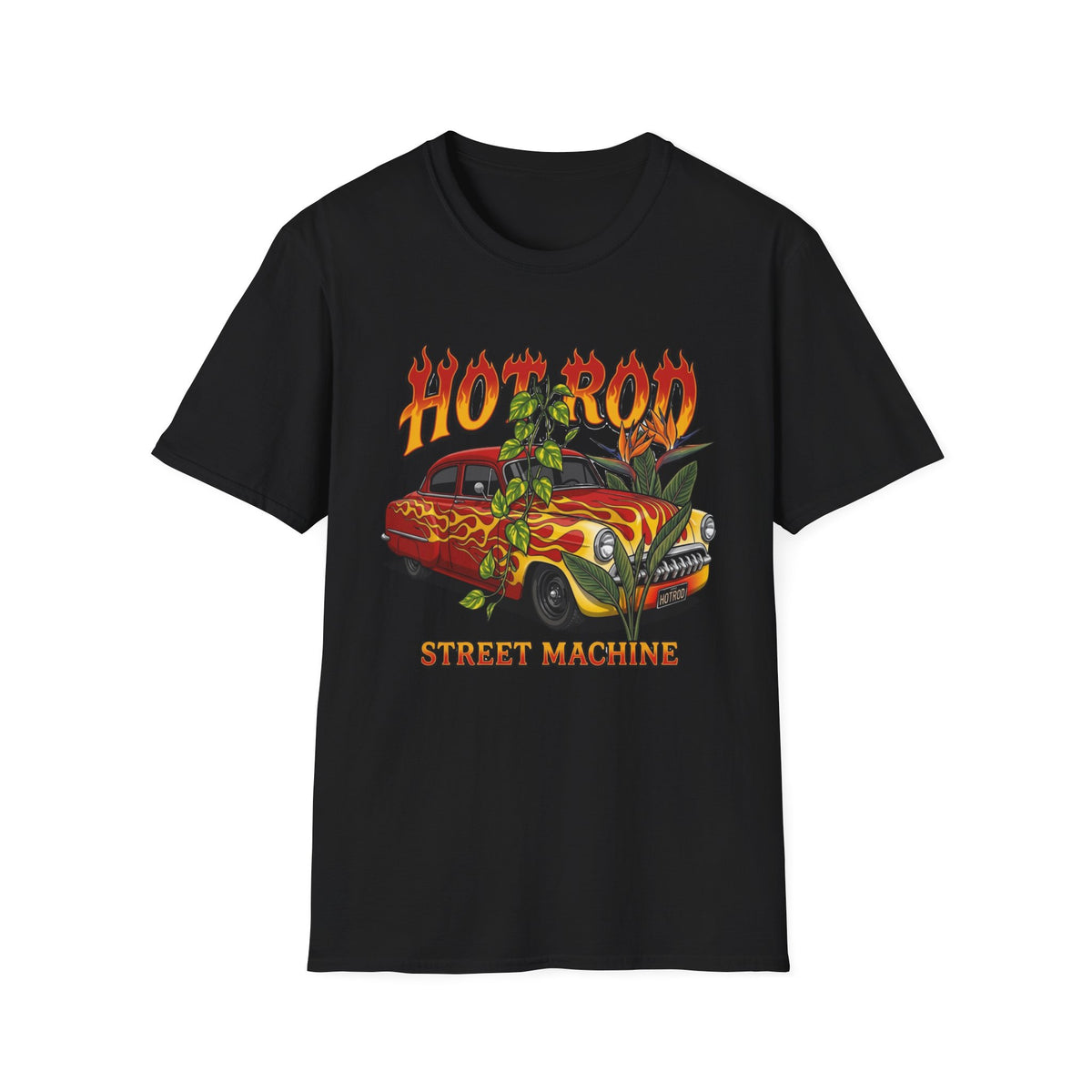 Botanical vintage custom car culture orange car with yellow flames and goldern pothos and bird of paradise