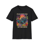 Vintage Hot Rod T-Shirt — "Endless Summer Cruise" Retro Car Sunset Tee with tropical botanicals