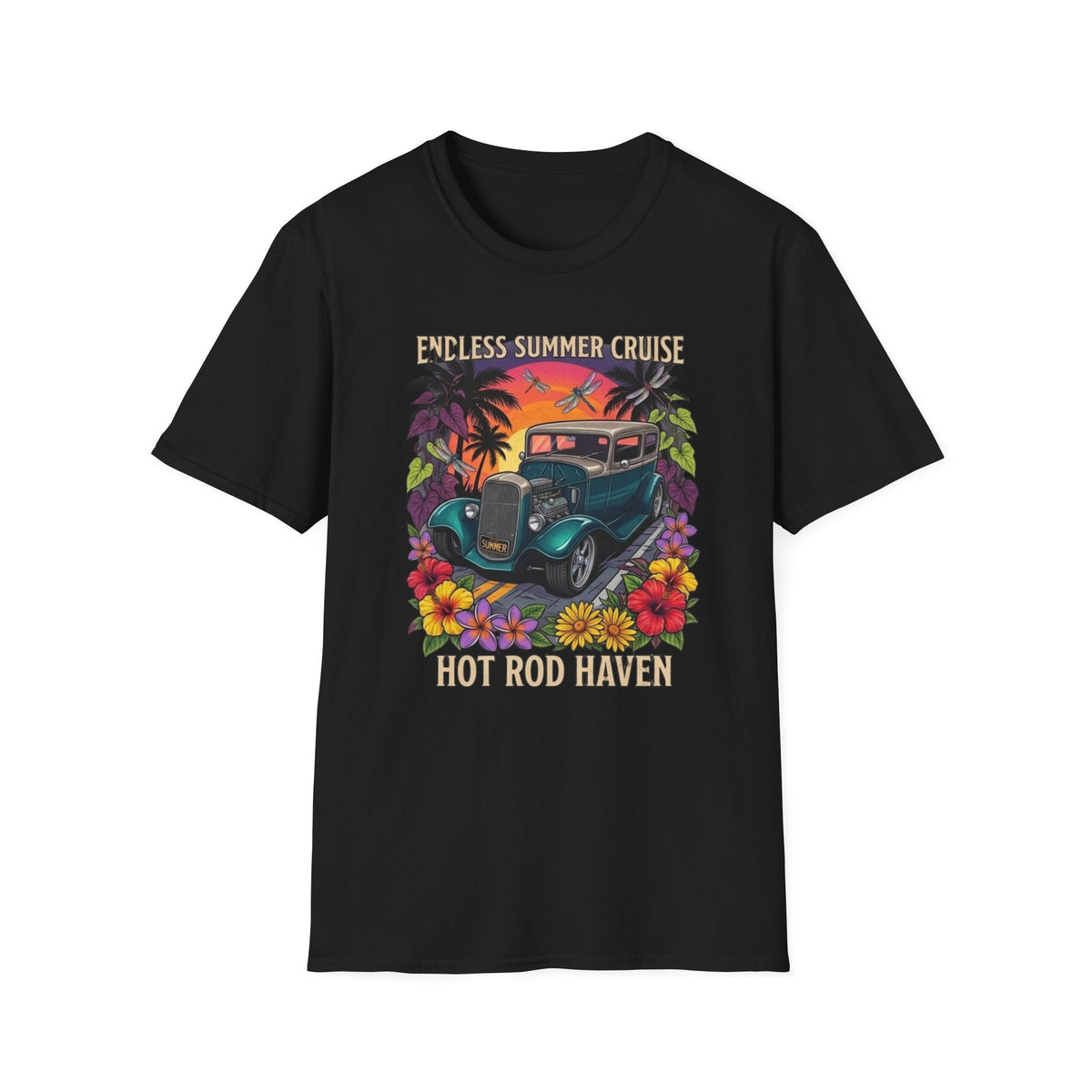 Vintage Hot Rod T-Shirt — "Endless Summer Cruise" Retro Car Sunset Tee with tropical botanicals