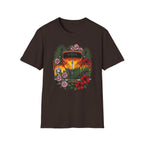 botanical custom car culture orange flames vintage car with  dark orange hibiscus, pink camillia and palm leaves