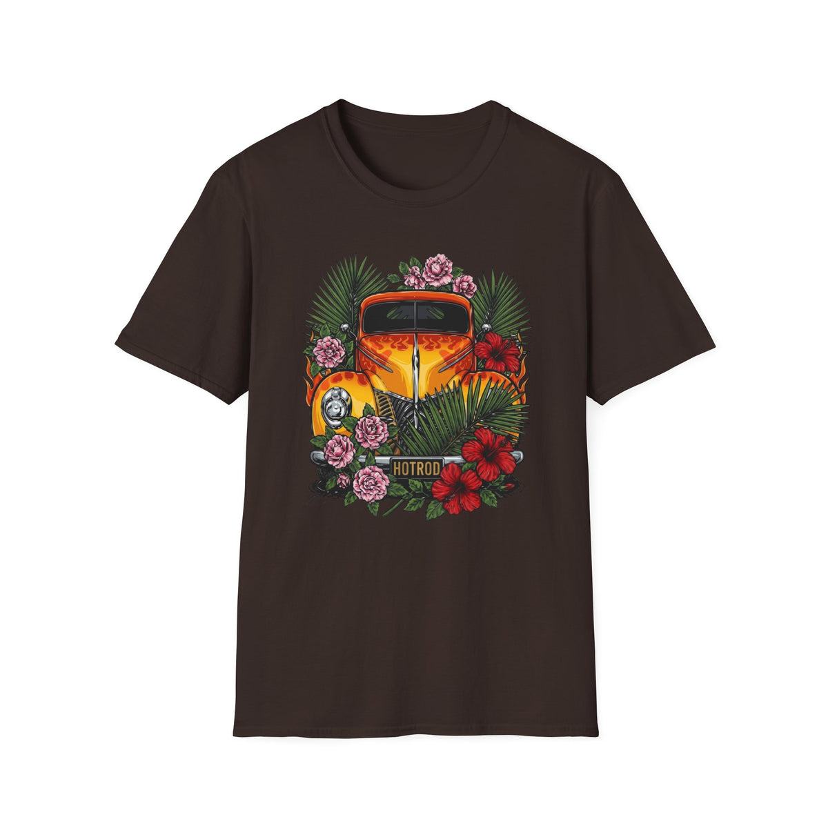 botanical custom car culture orange flames vintage car with  dark orange hibiscus, pink camillia and palm leaves