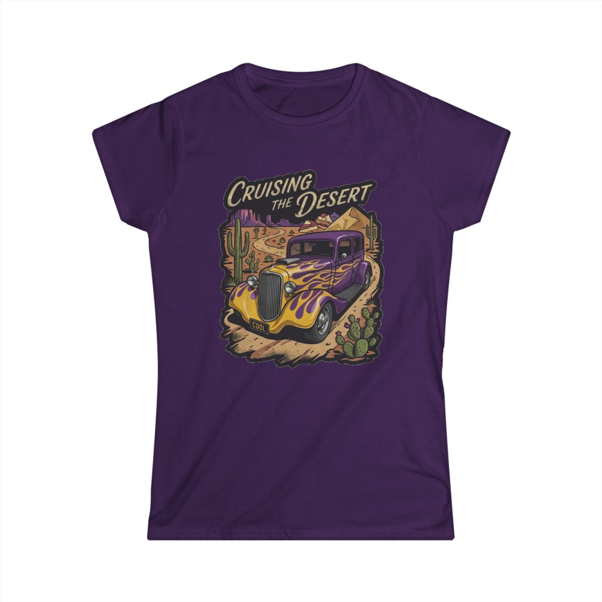 Crusing the desert with purple and gold flamed coupe desert scene and cactus botanical Blue Flames design Studio