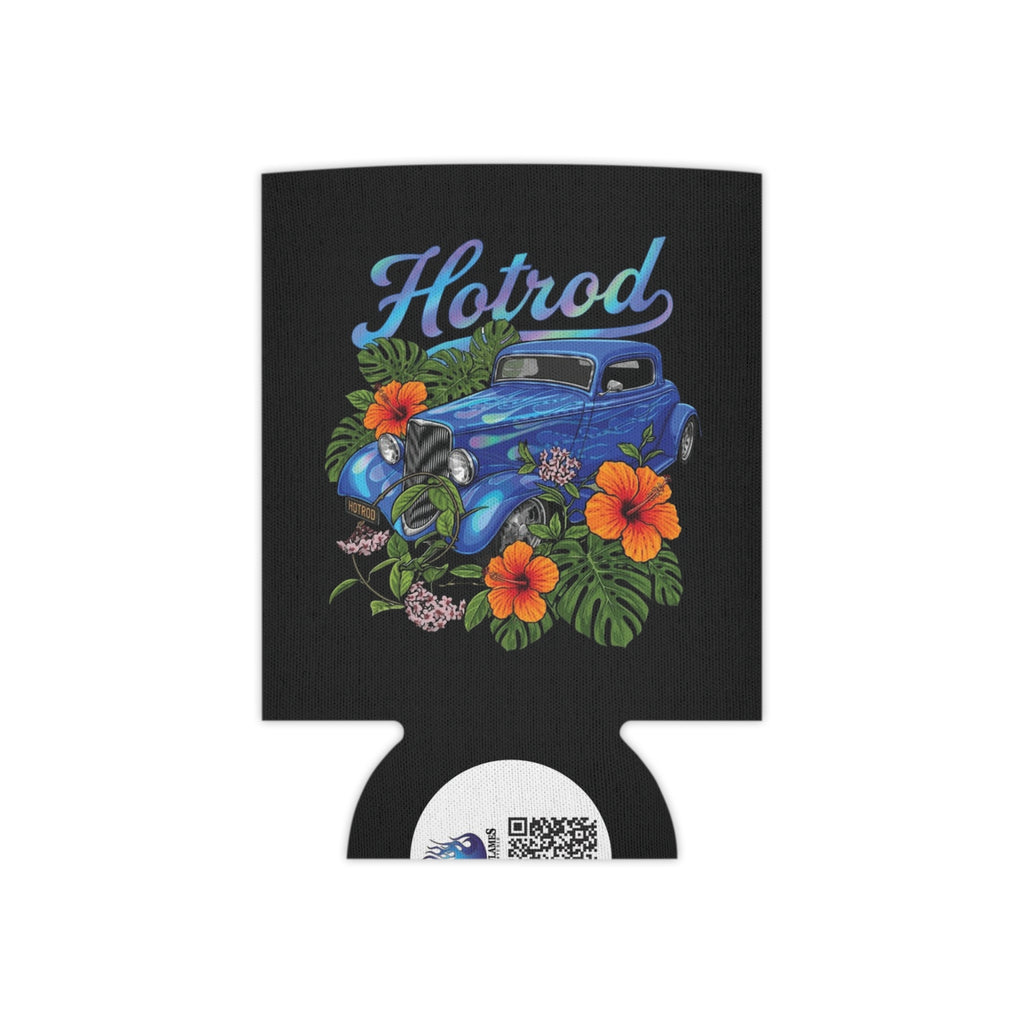 Hotrod Can Cooler — Vintage Blue Car Tropical Hibiscus Beverage Koozie