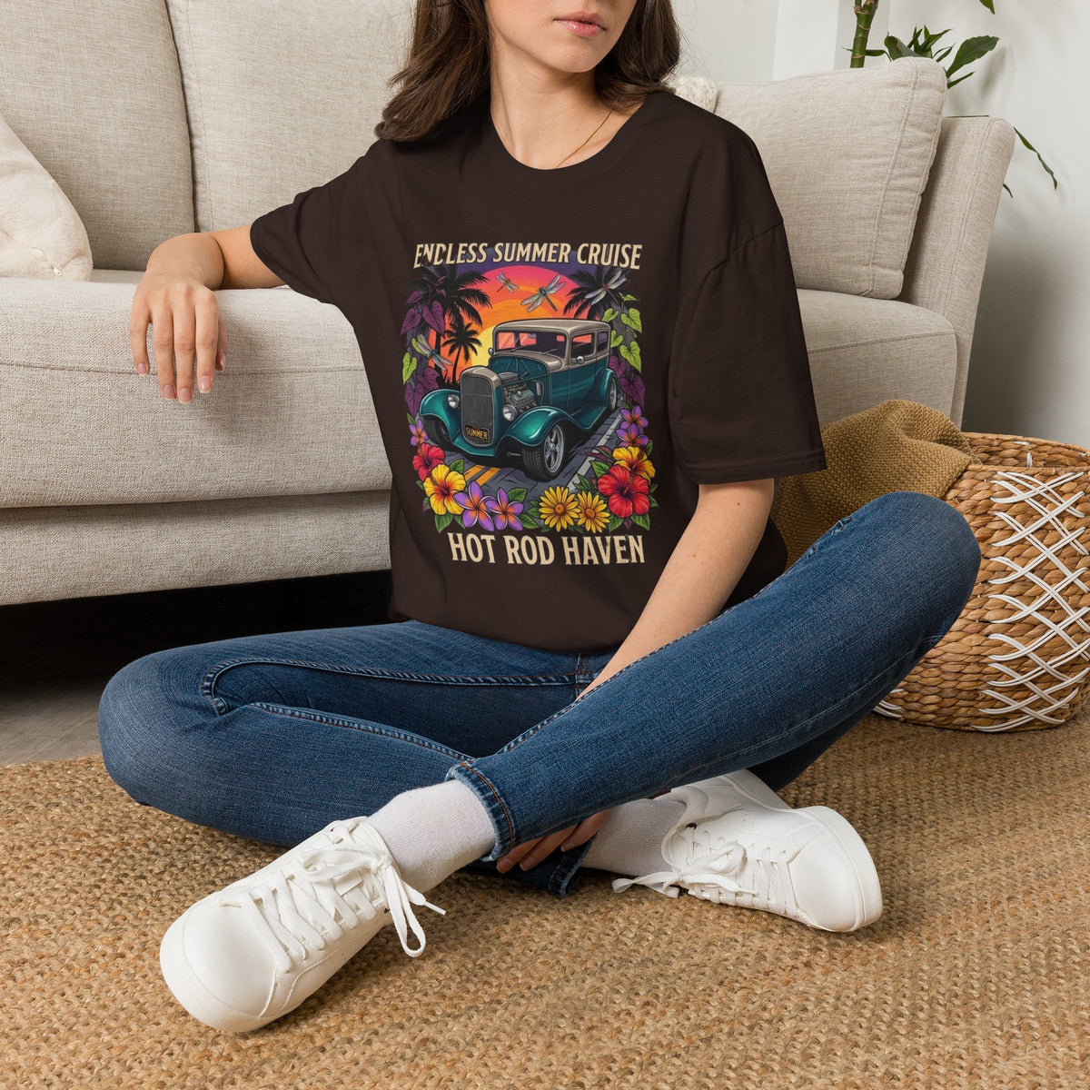 Vintage Hot Rod T-Shirt — "Endless Summer Cruise" Retro Car Sunset Tee with tropical botanicals
