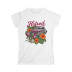 Softstyle Tee Vintage silver hotrod car with maroon flames, monstera leaves and orange hibiscus.