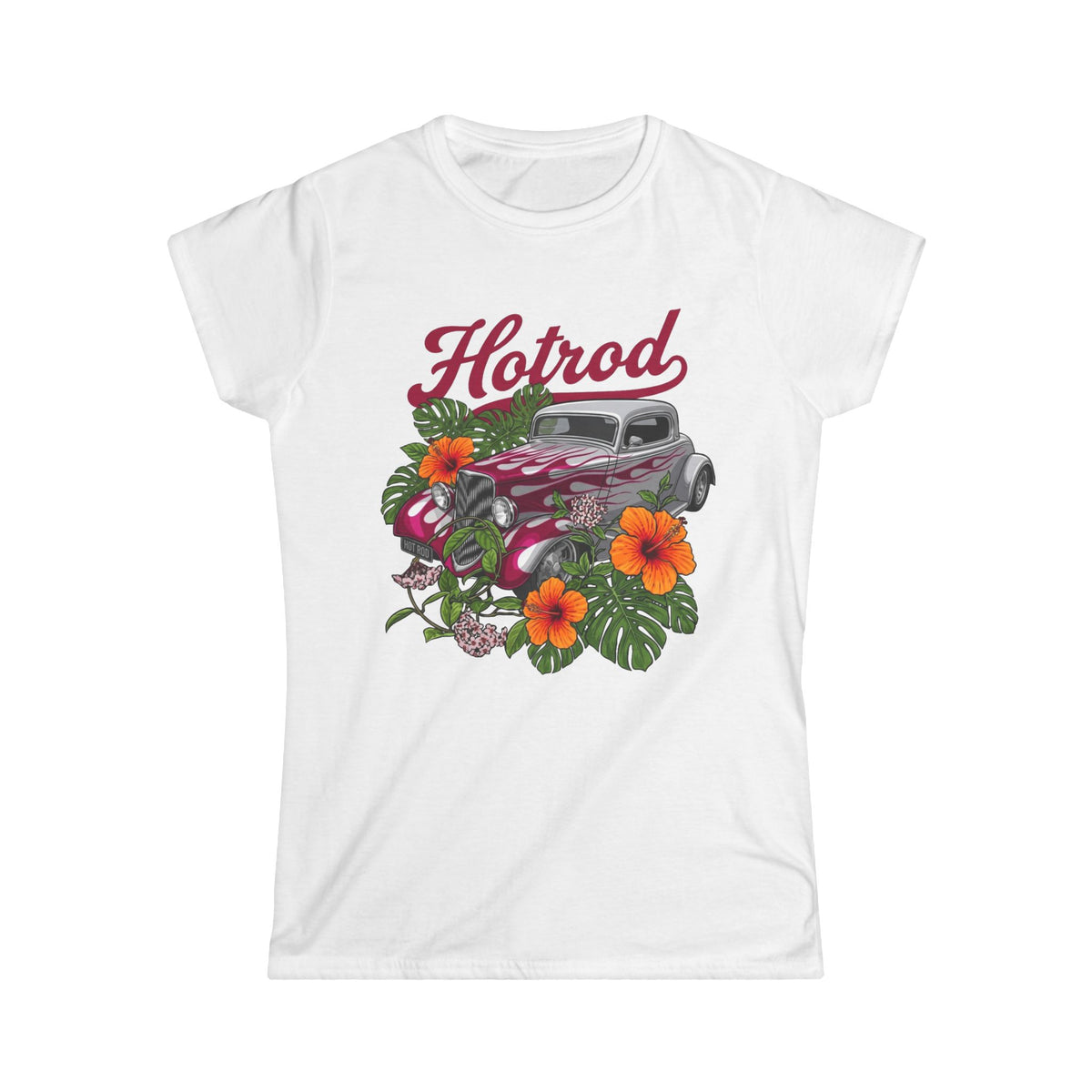 Softstyle Tee Vintage silver hotrod car with maroon flames, monstera leaves and orange hibiscus.