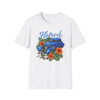 Botanical custom car culture Blue vintage car with flames and Orange hibiscus, monstera monkey mask and hoya vine.