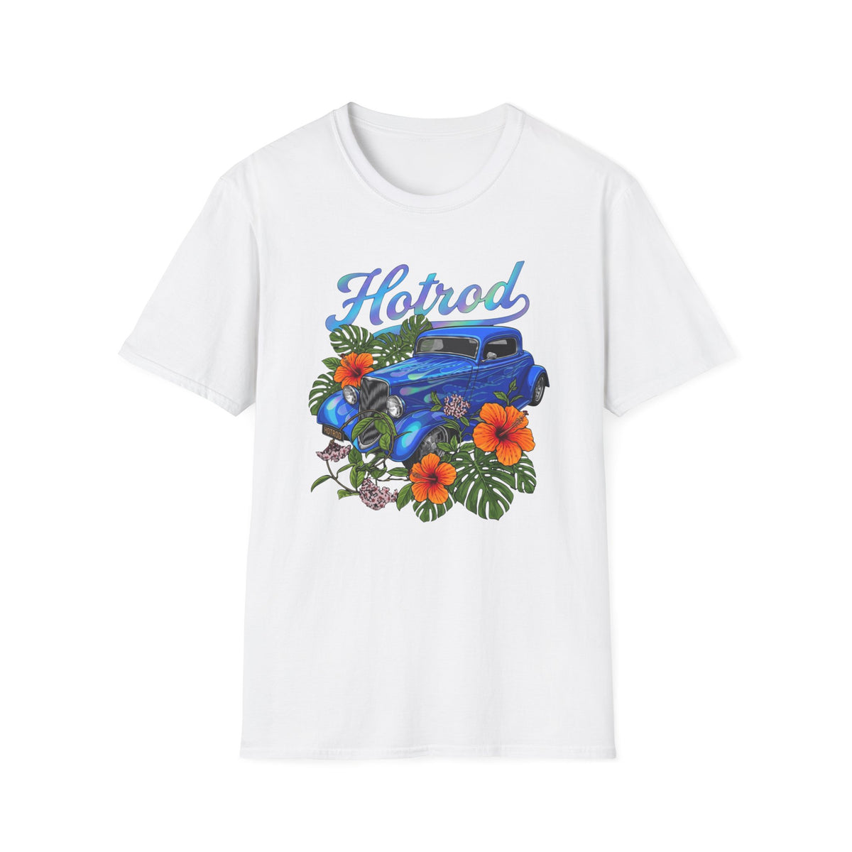 Botanical custom car culture Blue vintage car with flames and Orange hibiscus, monstera monkey mask and hoya vine.