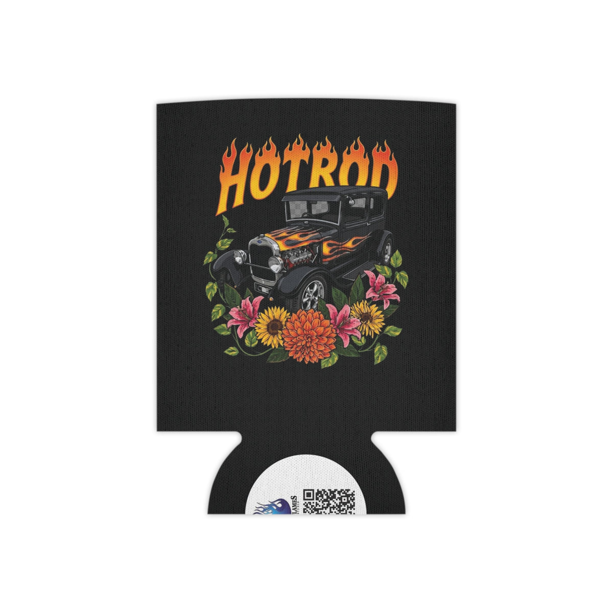 Can Cooler — Retro Hotrod Flames & Floral Vintage Car Koozie