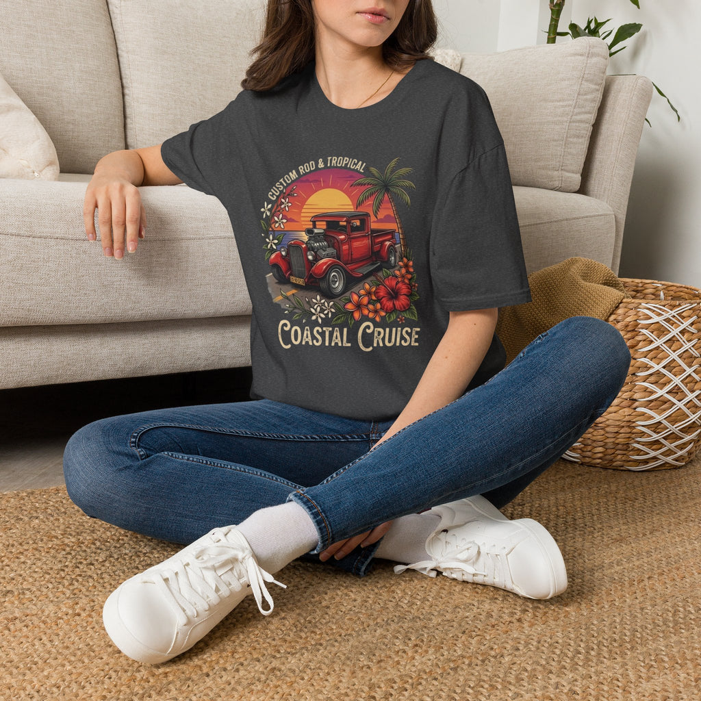Coastal Cruise Vintage Car T‑Shirt — Retro Sunset Tropical Road Trip Tee